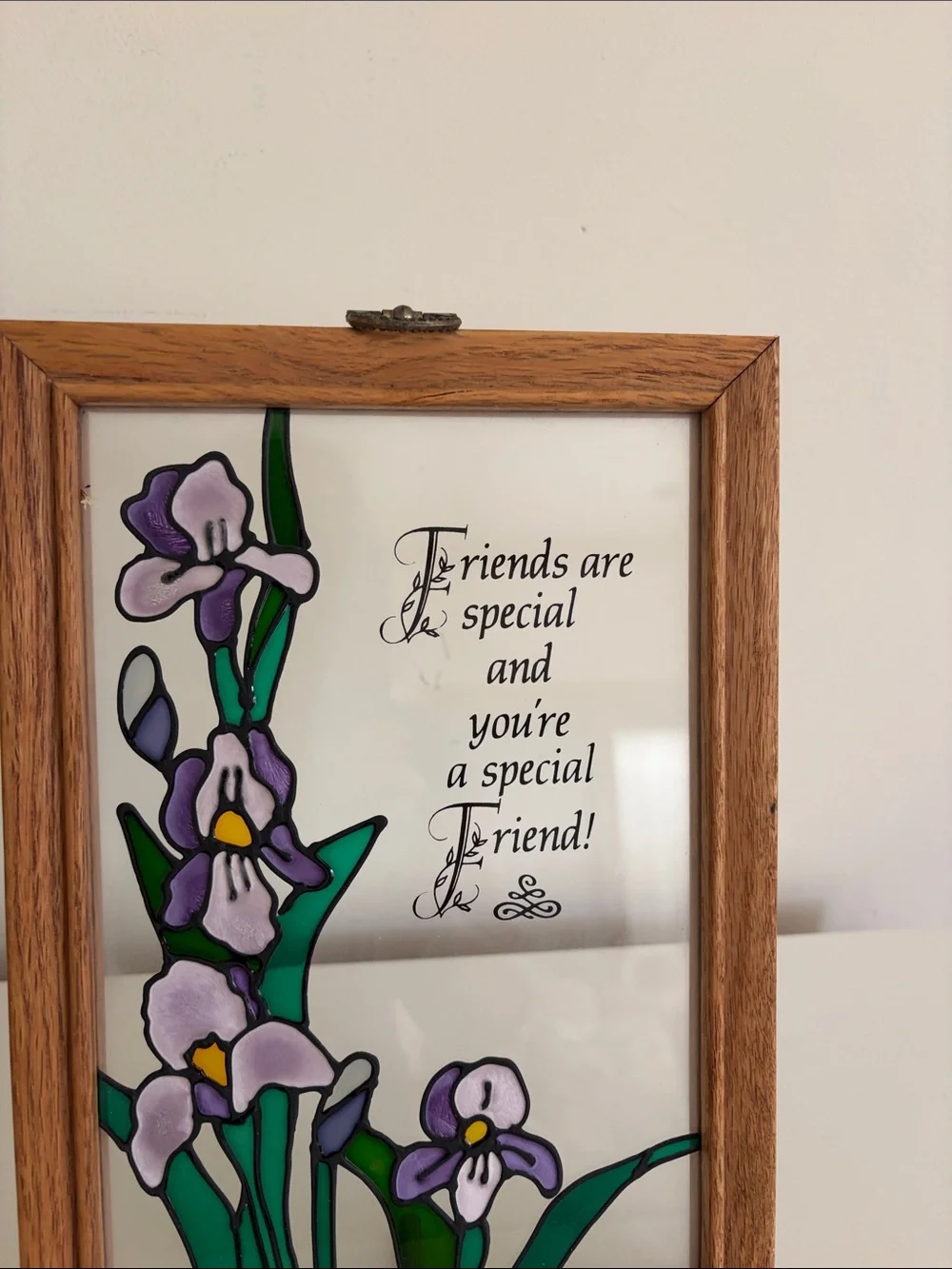 Friendship Floral Stained Glass Panel in Purple and Green - Oak Frame